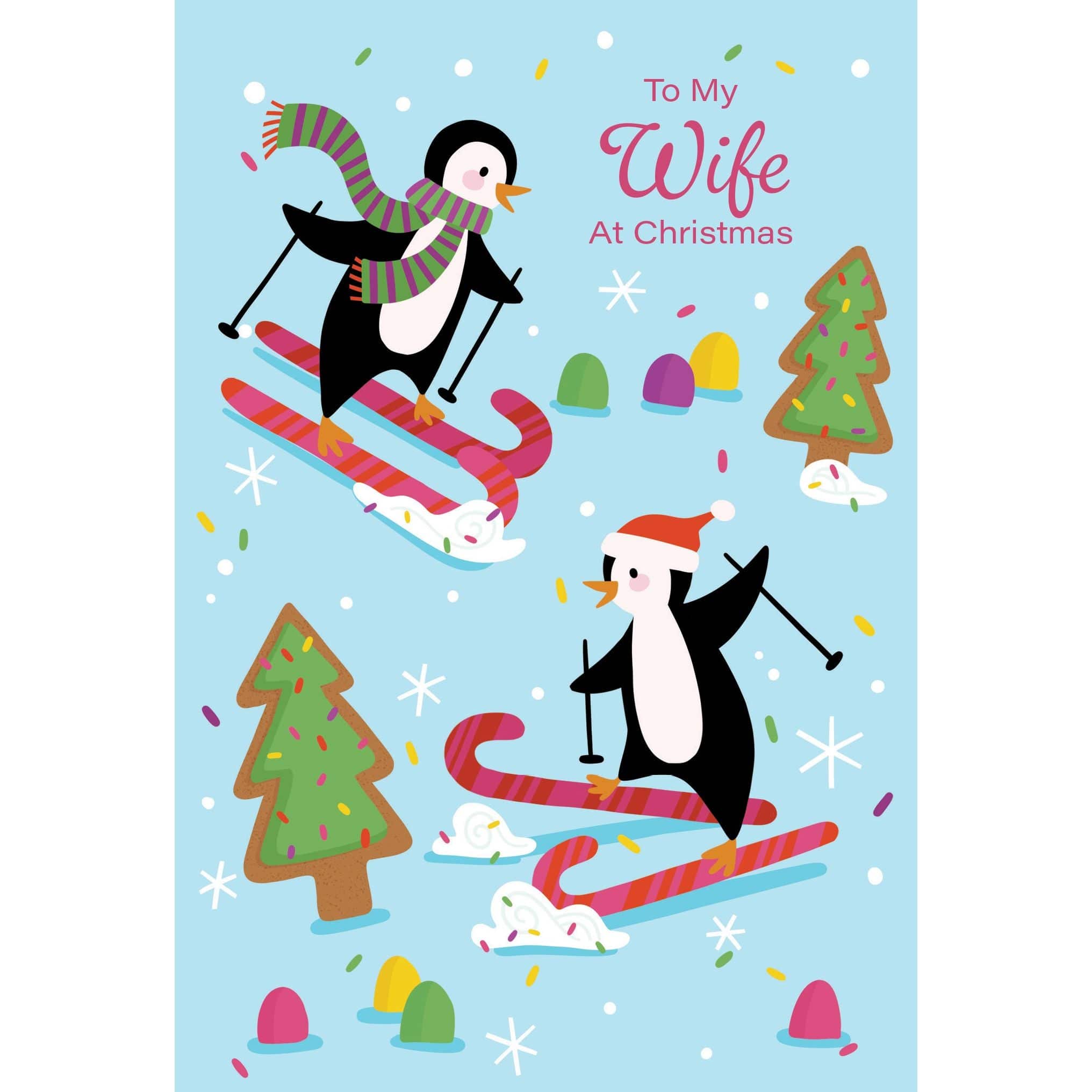 Seasonal Pictura Christmas card featuring skiing penguins, perfect for wife, with festive holiday design and cheerful winter scene.